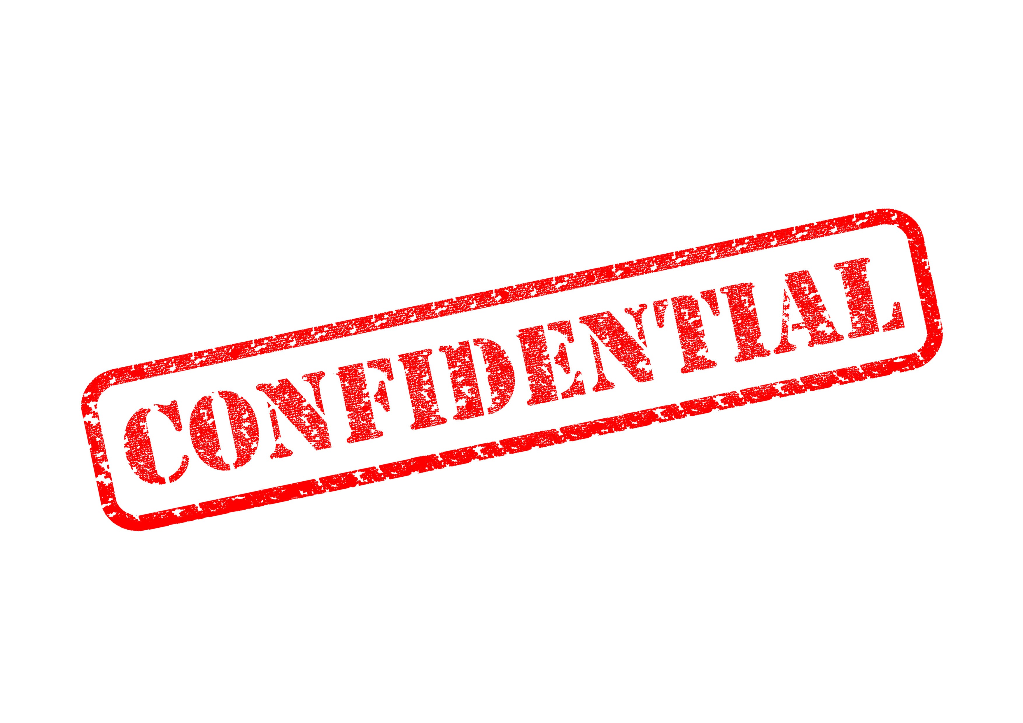 "confidential," left side leaning down, all caps, in border, red, as used in many documents