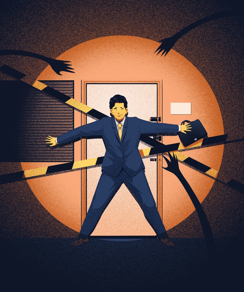 man in a suit holding a door shut and facing a spotlight and reaching hands