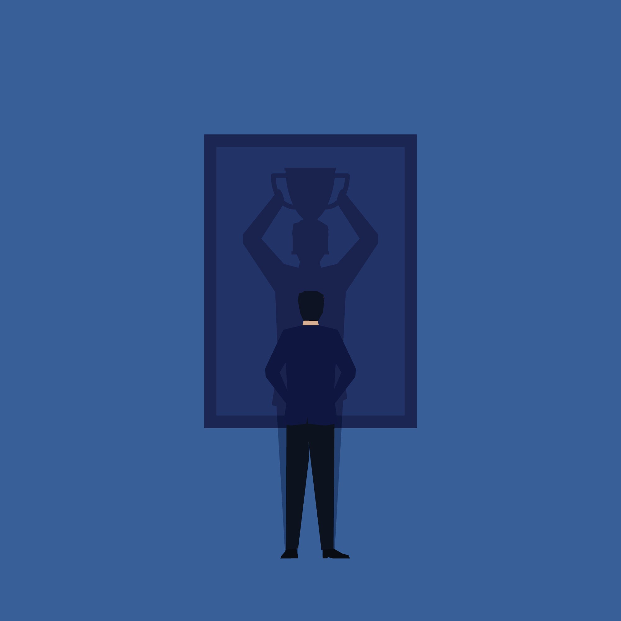 Business flat vector concept man stand and see winner shadow on frame metaphor of self taught and trust.