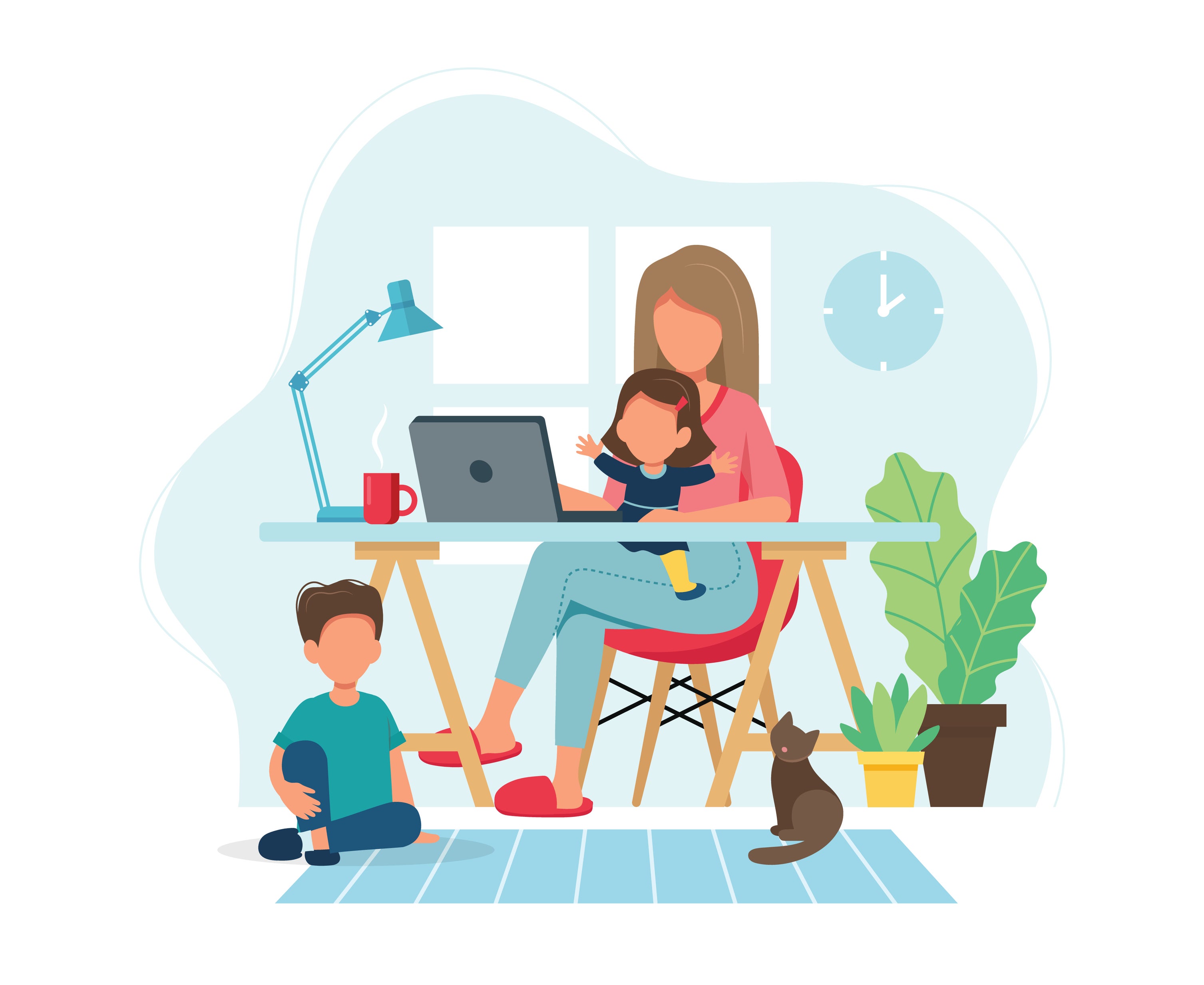 Woman working from home at desk with children and cat close by.