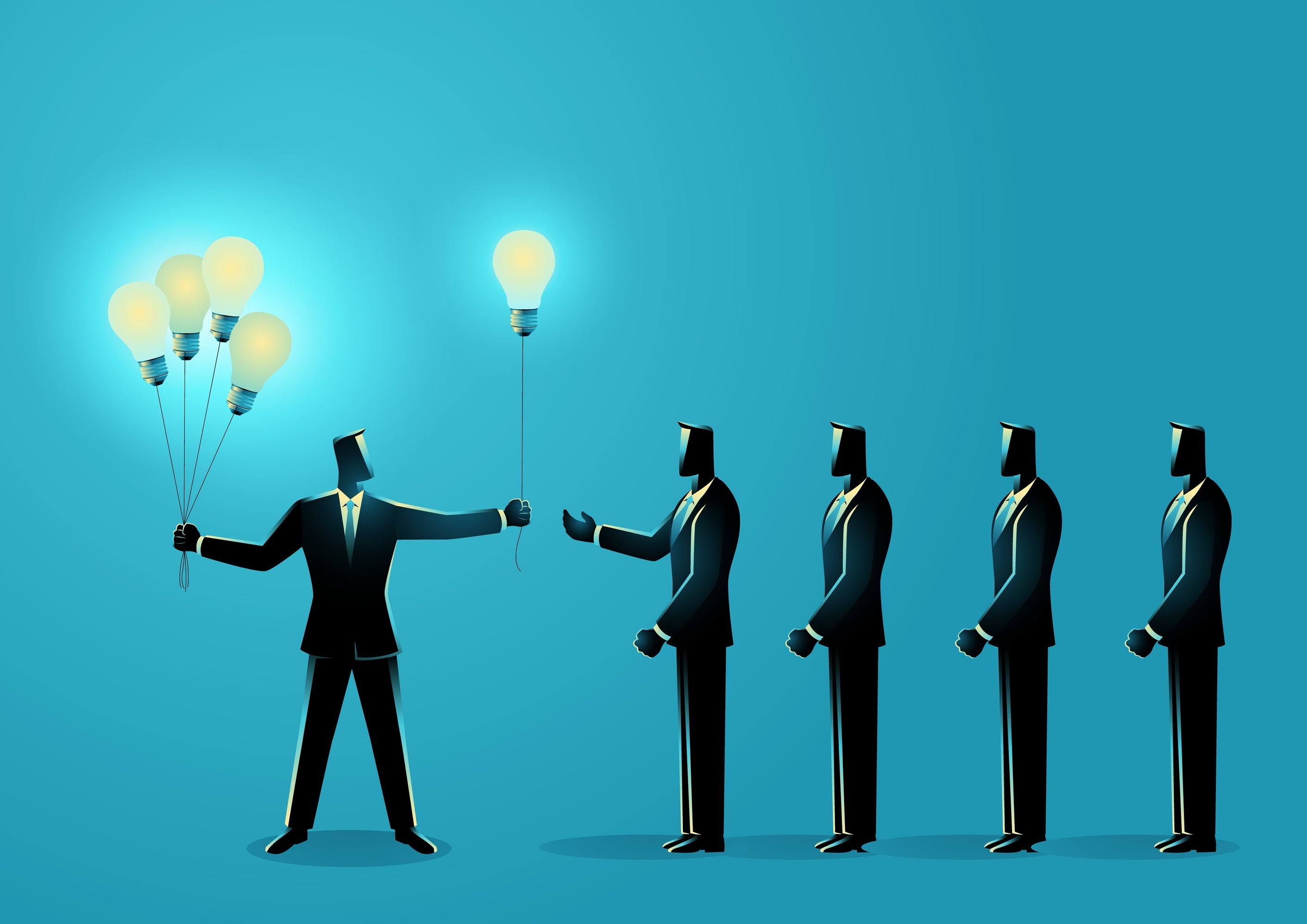 Businessman sharing knowledge to other businessmen symbolized by light bulb balloons.