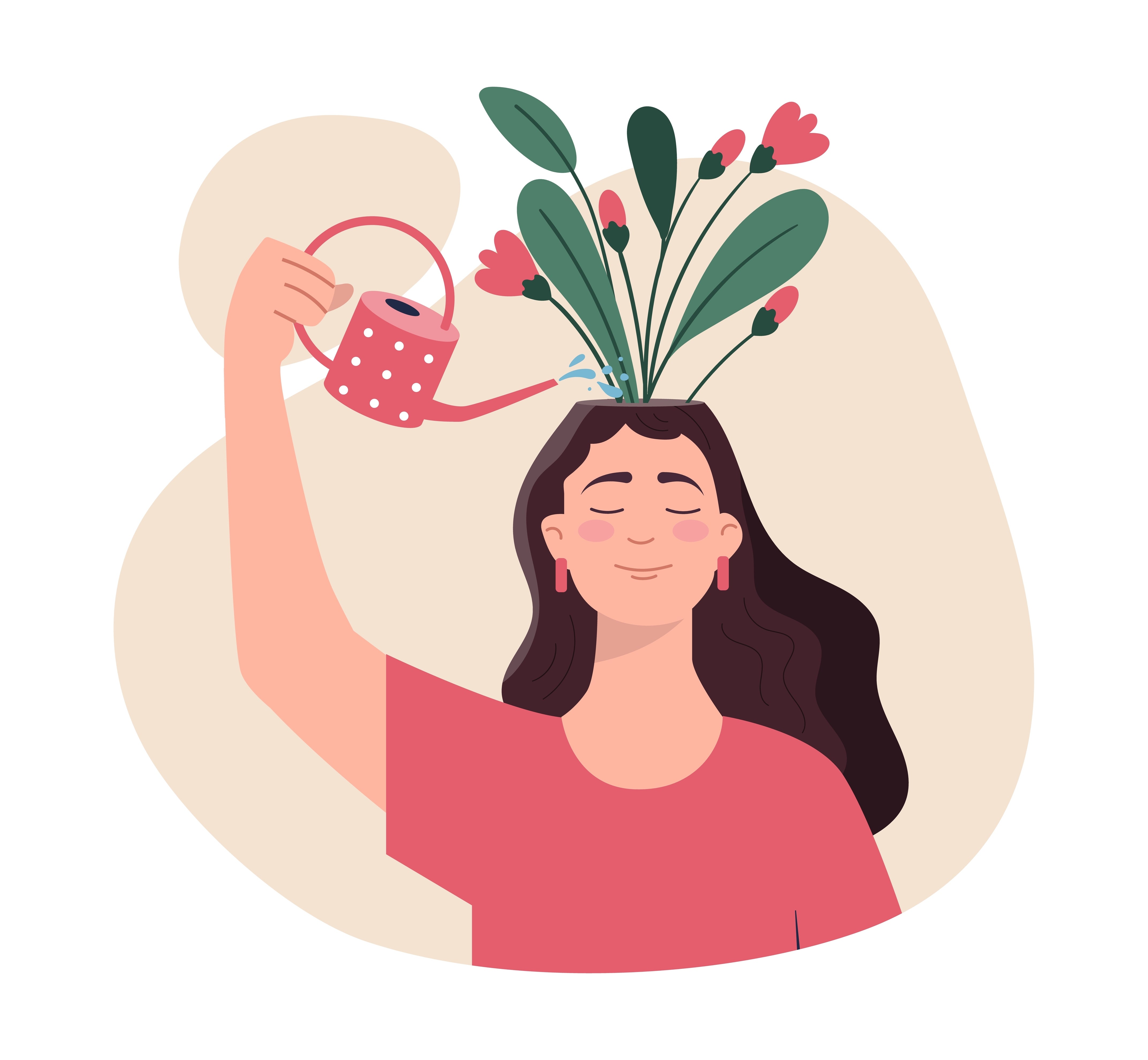 Girl watering flowers on her head with watering can.