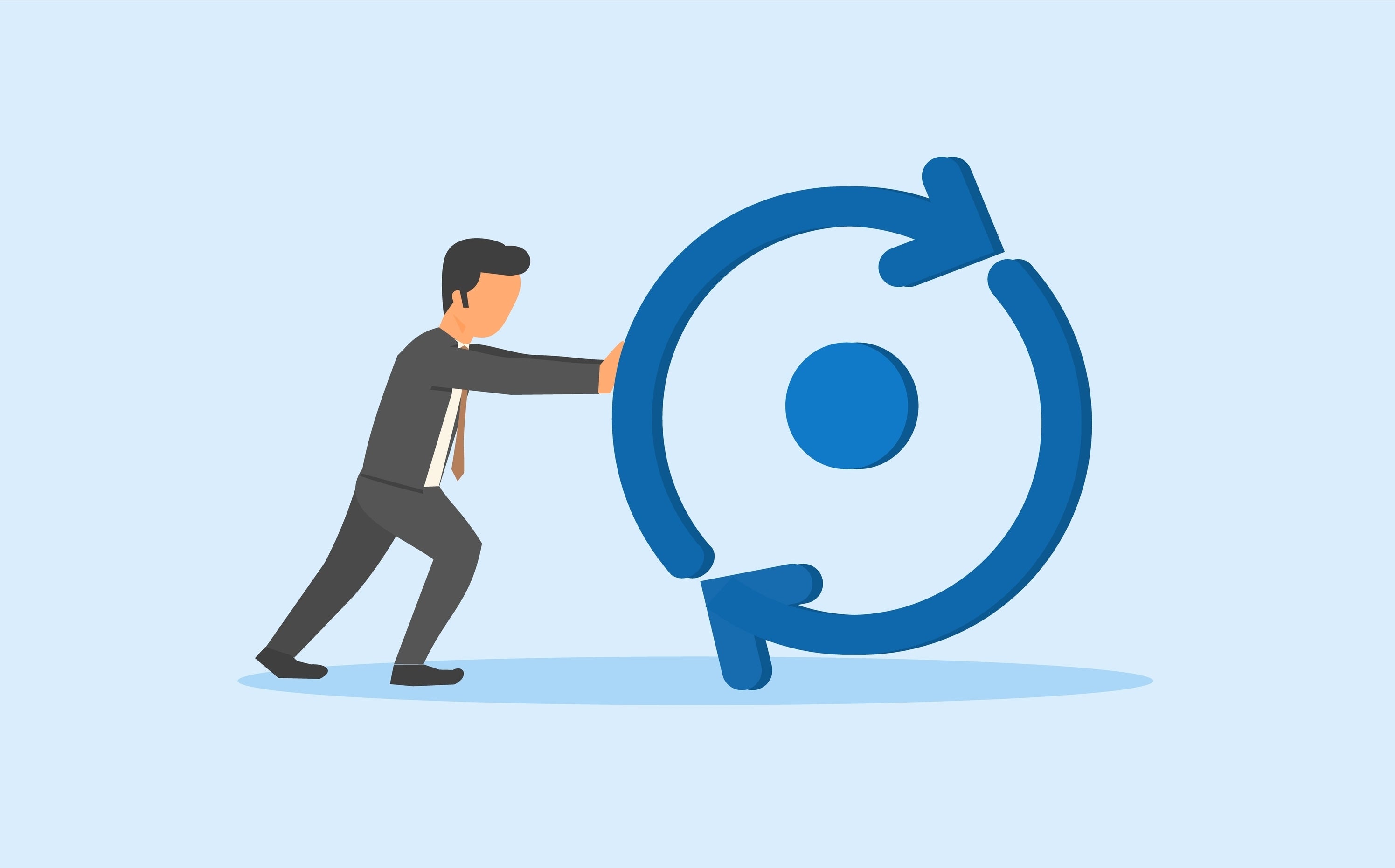 BUSINESSMAN PUSHING CIRCLE WITH ARROW THAT HAS CONSISTENT ROTATION.