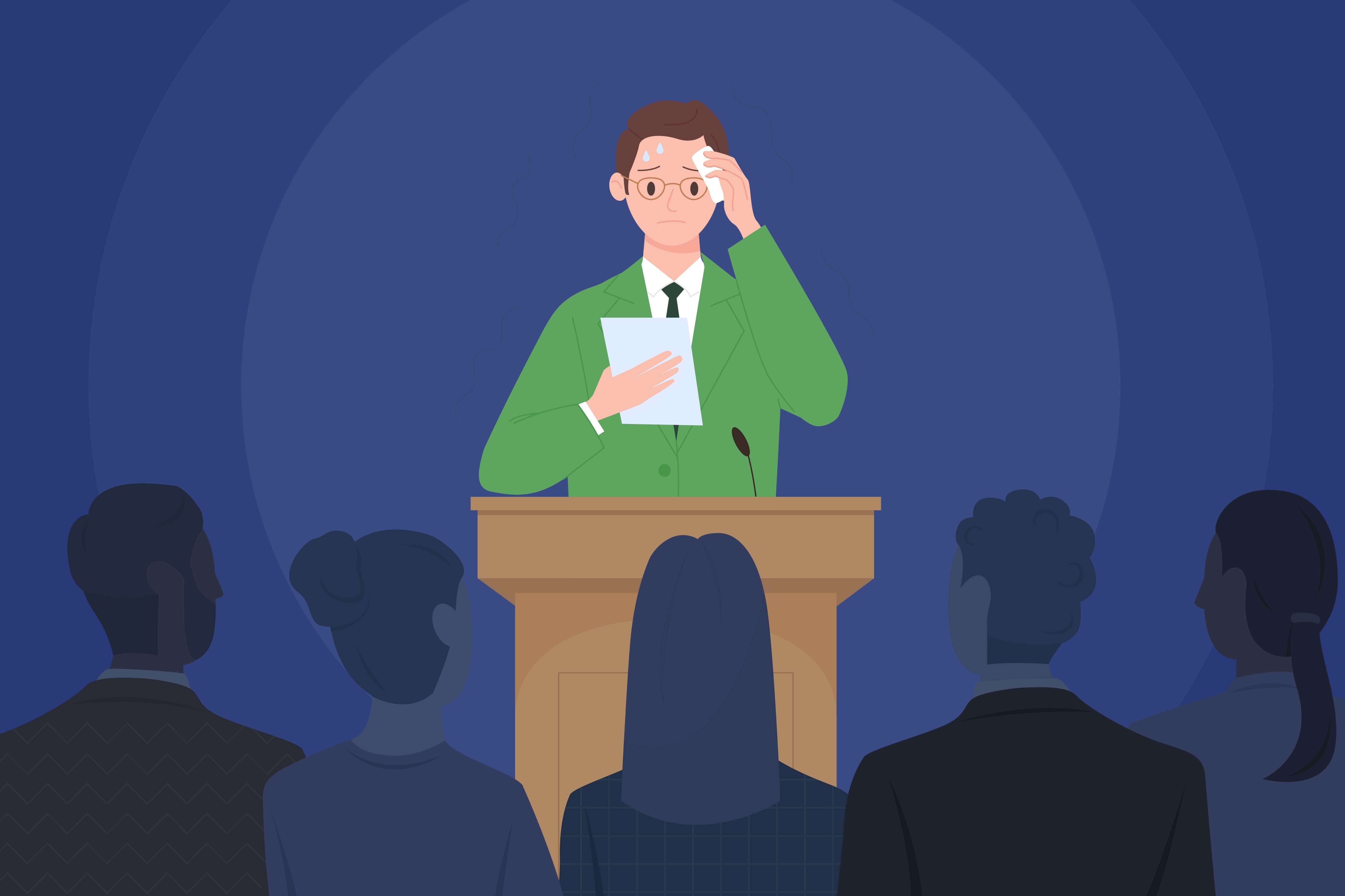 Cartoon nervous male speaker character standing at podium with microphones in front of audience.