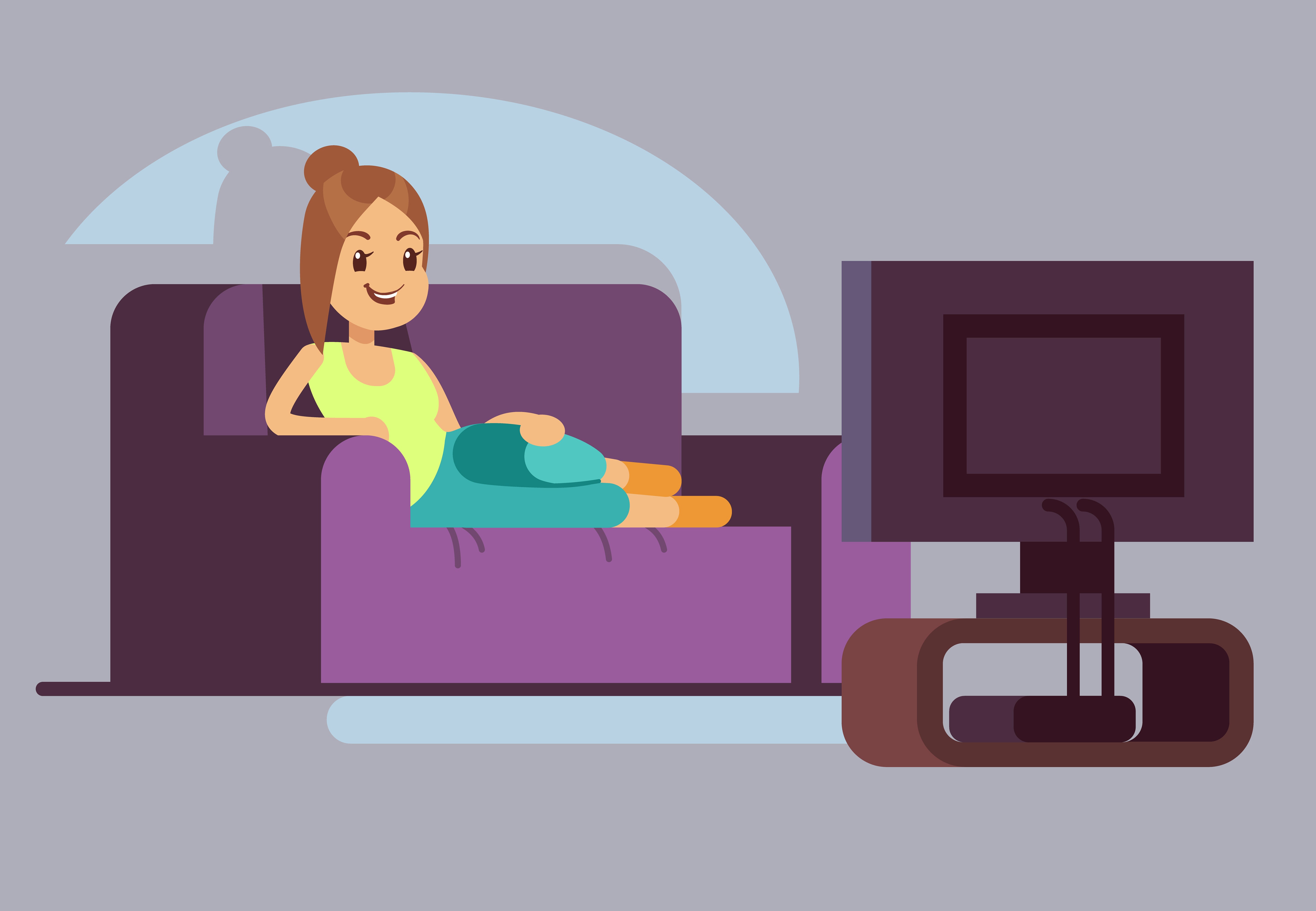 Happy young woman watching tv and lying on sofa.