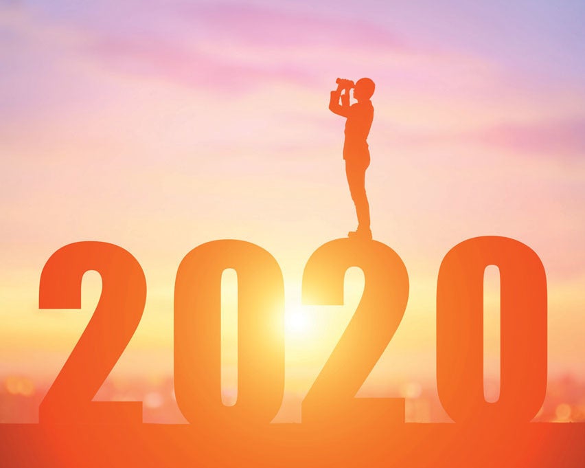 Figure standing on top of 2020 and looking back with binoculars.