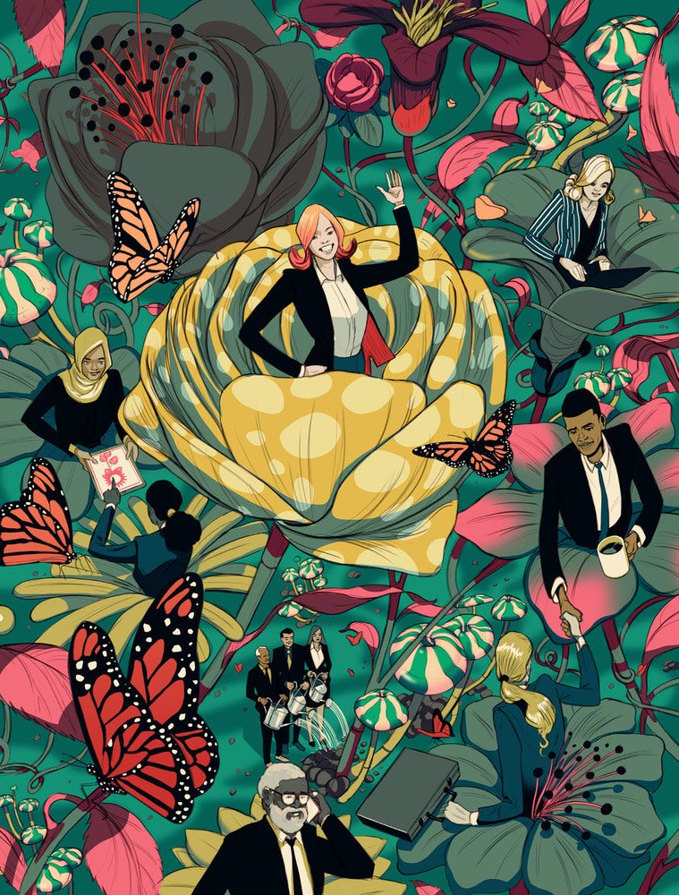 Business people in larger than life flowers