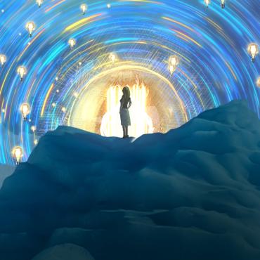 Women standing on mountain of clouds surrounded by swirling lights