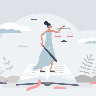 Illustration of lady justice with a sword, standing on a legal book.