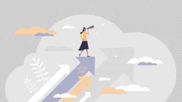 illustration woman with telescope standing on arrows surrounded by clouds