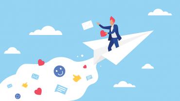 Flat design of a businessman flying in a paper airplane, leaving a trail of emojis.