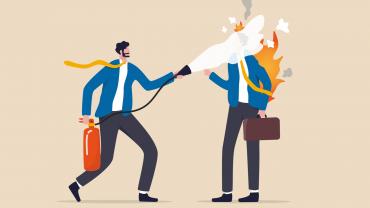 illustration of businessman using fire extinguisher to put out fire on another man