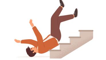 Male-looking drawn figure falling backwards down stairs