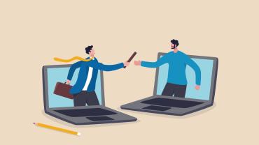 drawn figures, one looks male, white, with briefcase, like coming out of laptop screen, other looks male, brown, like coming out of laptop screen, the other one is handing a baton off to that one as though symbolizing handing work off