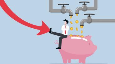 illustration of figure, looks like white man, sitting on piggy bank, coins dropping from pipes above, arrow pointing down and he is pushing it up