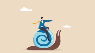 Man riding a snail forward to success. 