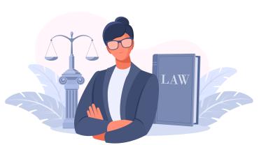 Illustration of a female lawyer in front of a legal book and legal scales.