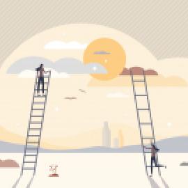 Two women climbing up ladders
