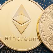 Golden tokens of digital cryptocurrencyies Bitcoin, Ethereum, Litecoin