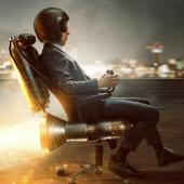 Businessman in a rocket chair
