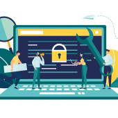 Product privacy - cybersecurity. Image of lawyers in front of a computer, safeguarding data.